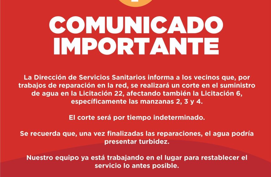 Por tareas de reparación realizarán un corte del suministro hídrico en La Punta